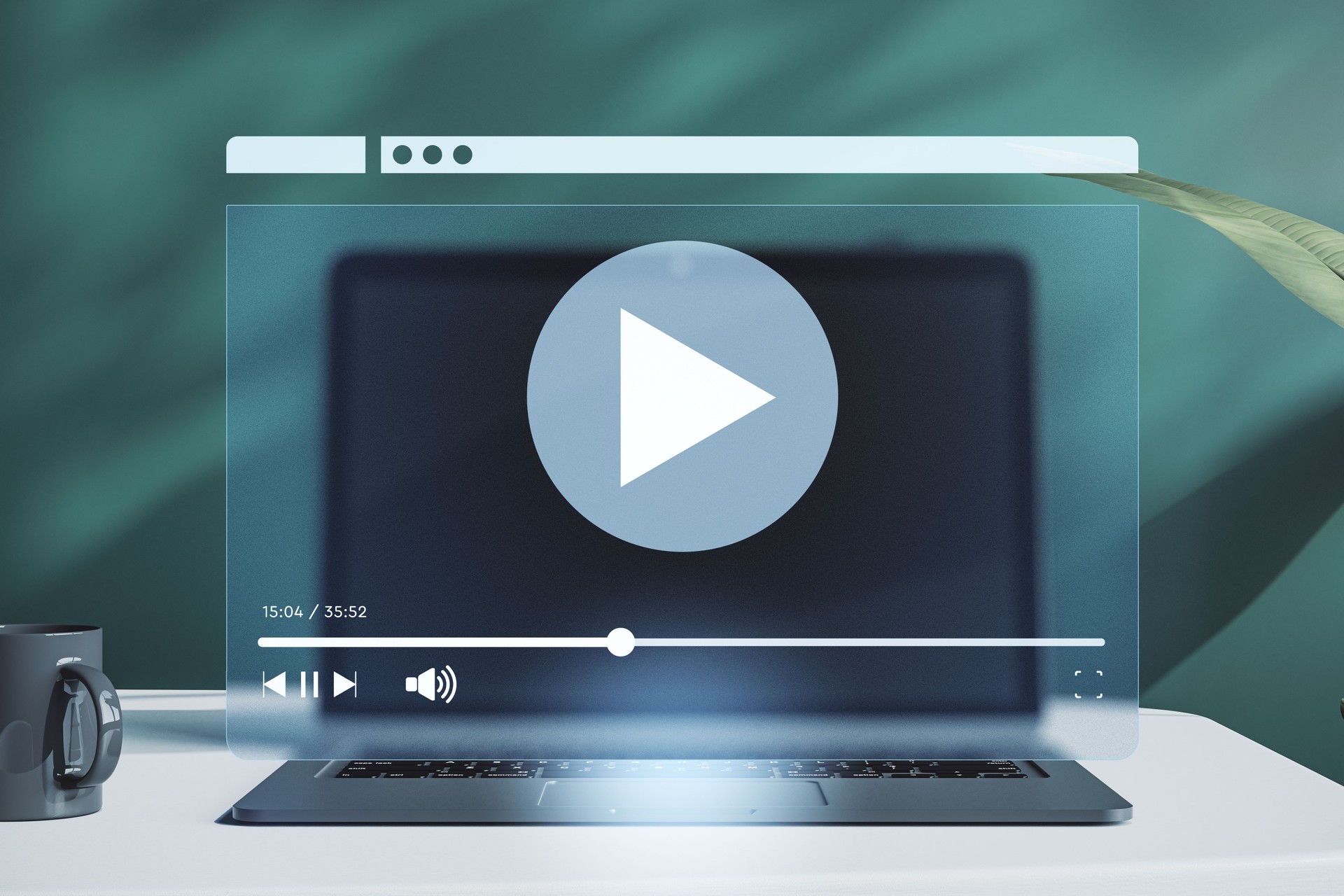 Digital media player interface over laptop on desk with futuristic streaming overlay and modern teal background in soft ambient light concept. 3D Rendering
