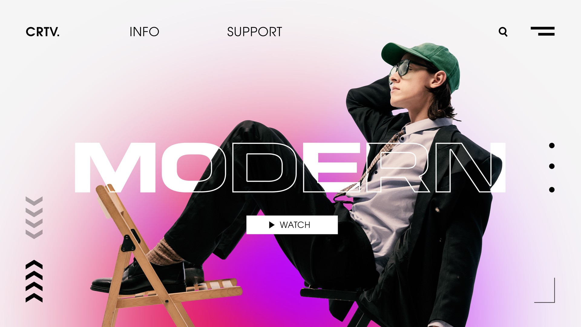 Modern web banner. Relaxed man in black suit, green cap, sunglasses, reclining on wooden chair against pink gradient, overlaid with bold typography and interactive UI buttons.